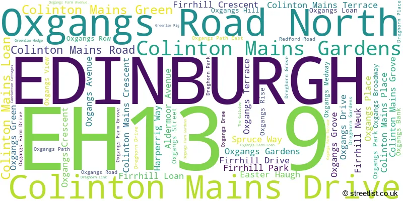 A word cloud for the EH13 9 postcode